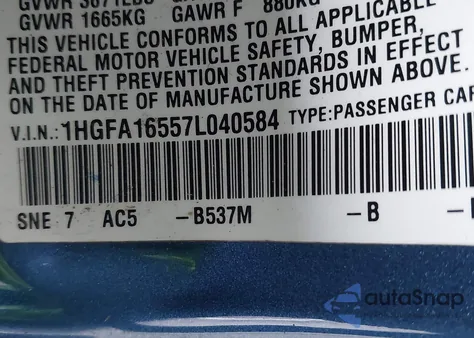 2007 Honda Civic Lx z USA, uszkodzony, nr VIN 1HGFA16557L040584